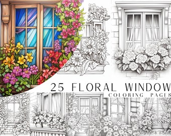 25 pages de coloriage de fenêtre florale - Livre de coloriage pour adultes et enfants, niveaux de gris, feuilles de coloriage numériques, téléchargement instantané, fichier PDF imprimable.