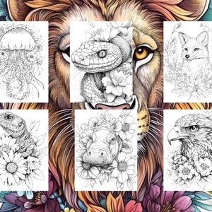 May include: A set of 8 black and white coloring pages featuring various animals surrounded by flowers. The animals include a jellyfish, a snake, a fox, a lizard, a hippopotamus, and an eagle.