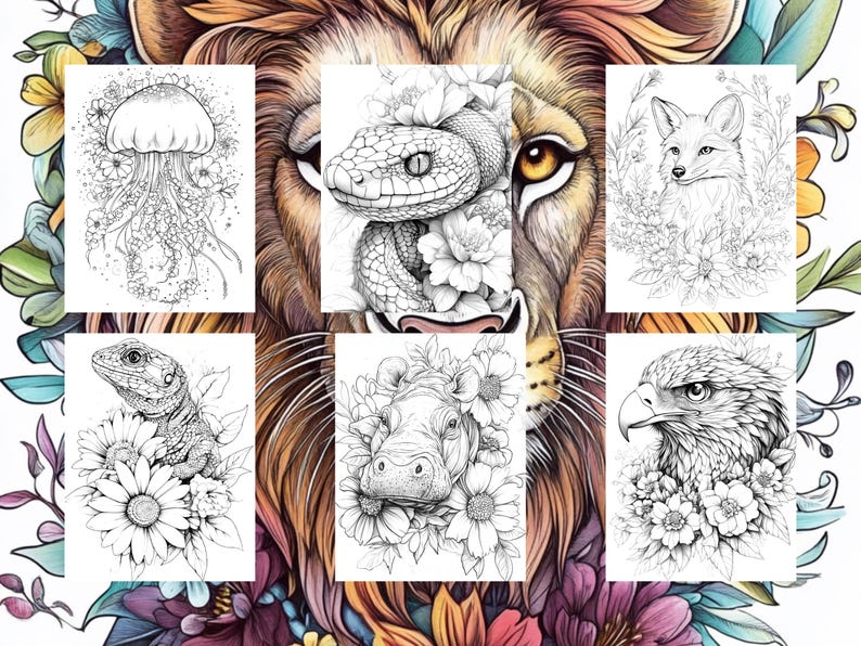 May include: A set of 8 black and white coloring pages featuring various animals surrounded by flowers. The animals include a jellyfish, a snake, a fox, a lizard, a hippopotamus, and an eagle.