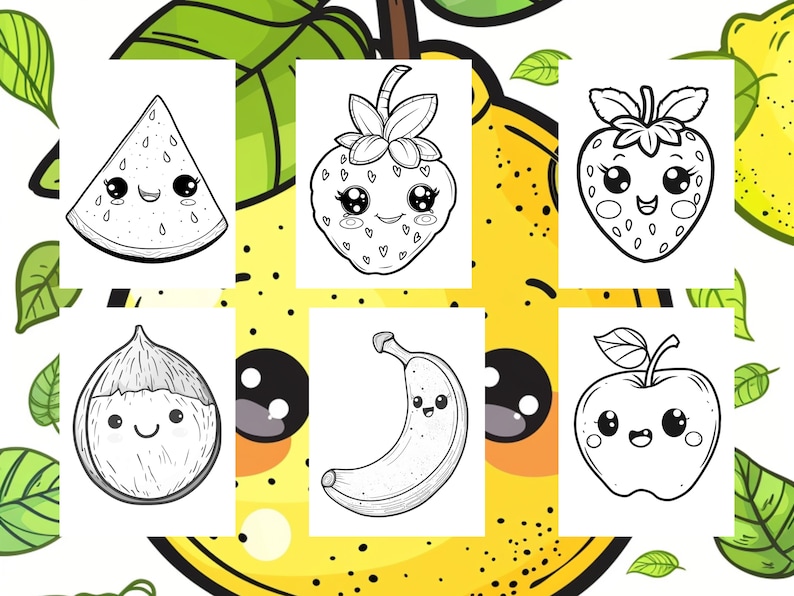 Op de afbeelding: Zwart-witte lijntekeningen van verschillende fruitsoorten en groenten met schattige cartoongezichten. De fruitsoorten en groenten omvatten een watermeloenpunt, een aardbei, een appel, een banaan en een noot.
