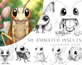 50 pagine da colorare di insetti animati - Libro da colorare per adulti e bambini, fogli da colorare digitali, download immediato, file PDF stampabile.
