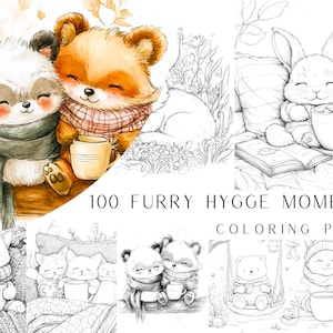 100 Furry Hygge Moments Coloring Pages - Adult And Kids Coloring Book, Hygge Coloring Sheets, Instant Download, Printable PDF File, AI