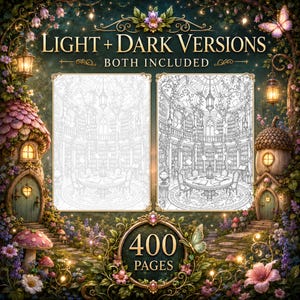 200 Enchanted Fairy Home Coloring Pages, Mushroom Cottage Designs (Light Dark) image 4
