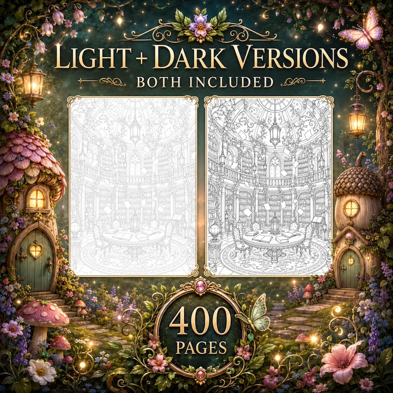 200 Enchanted Fairy Home Coloring Pages, Mushroom Cottage Designs (Light Dark) image 4