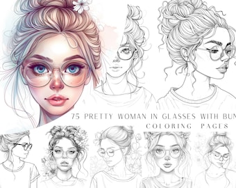 75 Pretty Woman in Glasses With Buns Coloring Pages - Printable PDF, Adult Coloring Book, Grayscale Coloring Page, Instant Download