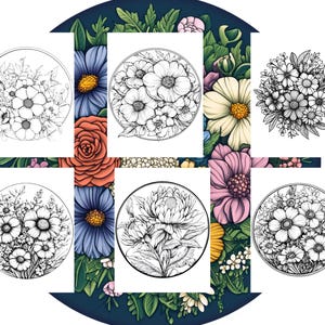 以下が含まれることがあります： 白黒の花の円形イラストが6つ、カラフルな花と葉で囲まれたフローラルデザイン。イラストには様々な種類の花が含まれており、塗り絵やアートプロジェクトに最適です。