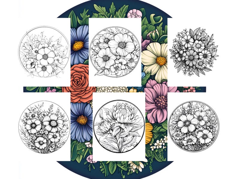 以下が含まれることがあります： 白黒の花の円形イラストが6つ、カラフルな花と葉で囲まれたフローラルデザイン。イラストには様々な種類の花が含まれており、塗り絵やアートプロジェクトに最適です。