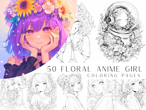 100 Floral Anime Girl Coloring Pages - Instant PDF Digital Download, Printable Adult Coloring Sheets, Manga Shoujo, Light and Dark Versions