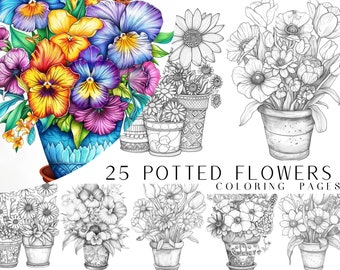 25 pages à colorier de fleurs en pot - livre de coloriage pour adultes et enfants, niveaux de gris, feuilles de coloriage numériques, téléchargement immédiat, fichier PDF imprimable.