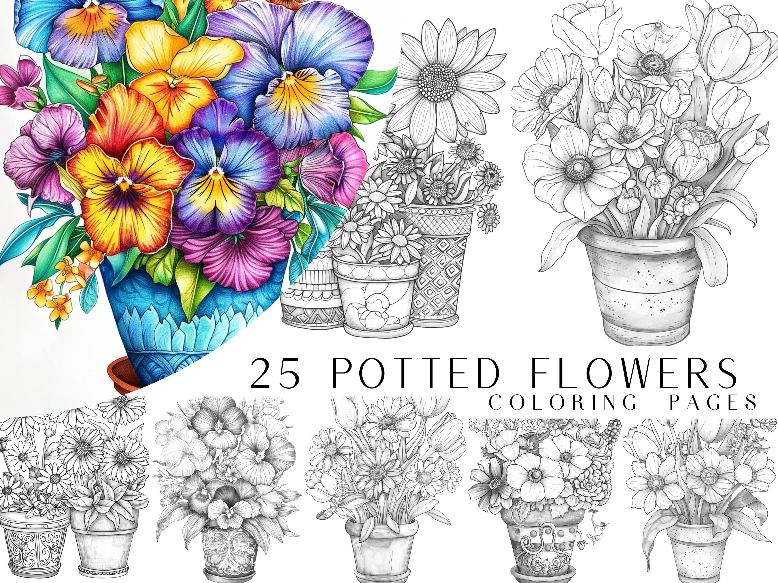 25 Potted Flowers Coloring Pages - Adults And Kids Coloring Book, Greyscale, Digital Coloring Sheets, Instant Download, Printable PDF File.