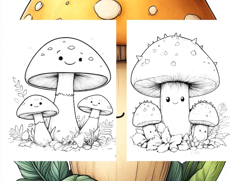 May include: A black and white coloring page featuring three cartoon mushrooms with smiling faces. The mushrooms have spots and one has spikes on its cap. The mushrooms are surrounded by leaves and grass.