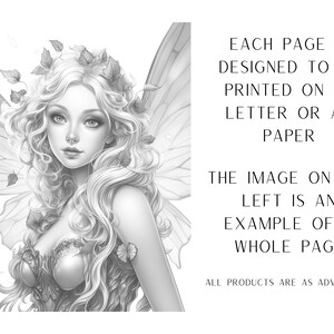 May include: A black and white illustration of a fairy with wings and leaves in her hair. The text "EACH PAGE IS DESIGNED TO BE PRINTED ON US LETTER OR A4 PAPER THE IMAGE ON THE LEFT IS AN EXAMPLE OF A WHOLE PAGE ALL PRODUCTS ARE AS ADVERTISED." is below the image.