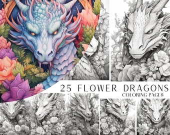 25 Flower Dragon Coloring Pages - Adults And Kids Coloring Book, Greyscale, Coloring Sheets, Instant Download, Printable PDF File.