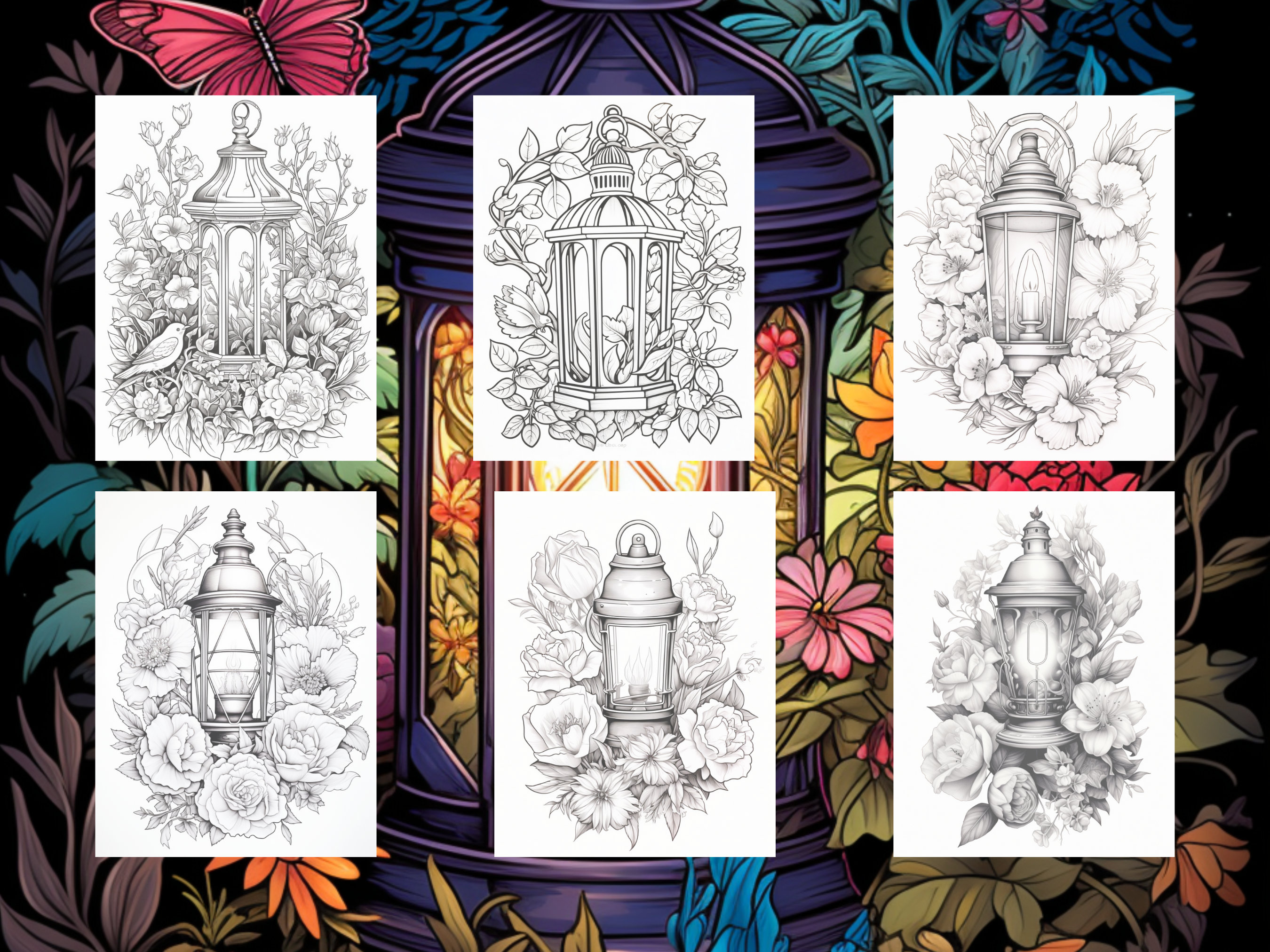 50 Floral Cottage Lantern Coloring Pages - Adults Coloring Book ...