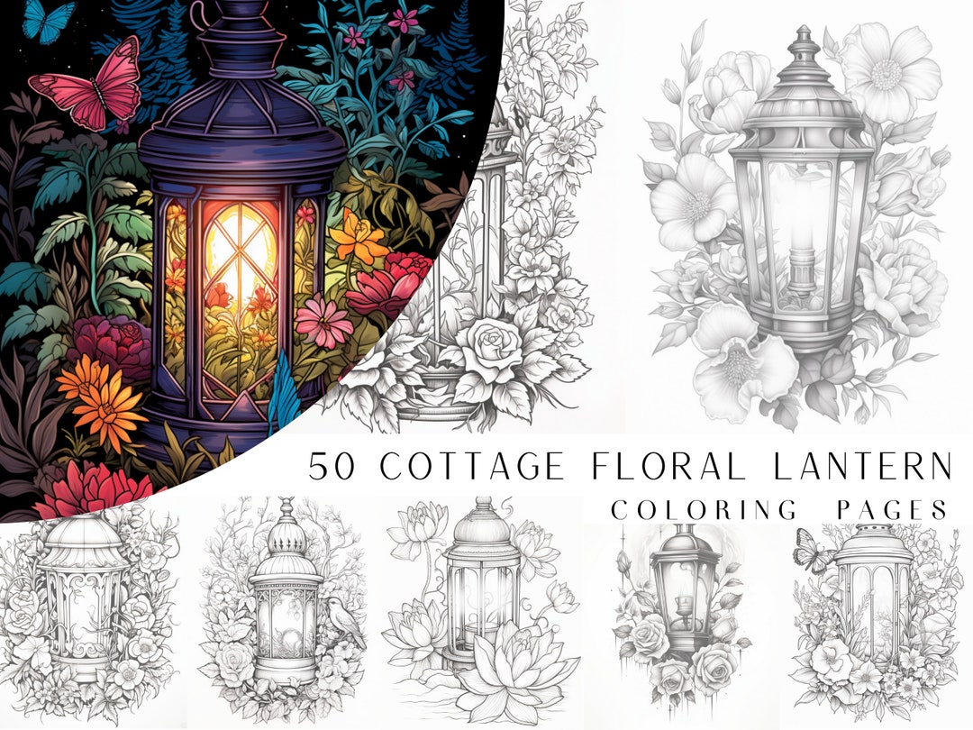 50 Floral Cottage Lantern Coloring Pages - Adults Coloring Book ...