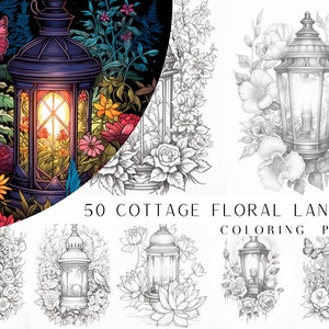 May include: A set of 50 coloring pages featuring intricate illustrations of floral lanterns. The lanterns are surrounded by flowers and leaves, creating a whimsical and enchanting scene. The coloring pages are perfect for adults and children who enjoy creative activities.