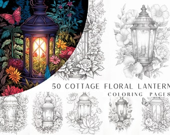 50 Floral Cottage Lantern Coloring Pages - Adults Coloring Book, Greyscale, Digital Coloring Sheets, Instant Download, Printable PDF File.
