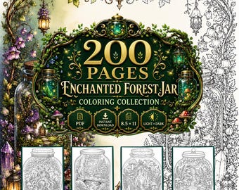 Enchanted Forest Jar Coloring Pages, 200 Woodland Scenes, Adult Fantasy Art (Digital Download)
