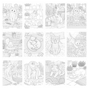 May include: A collection of twelve black and white line art illustrations featuring kittens in various settings, including a bakery, a library, a garden, and cozy indoor scenes with yarn, plants, and household objects for coloring activities.