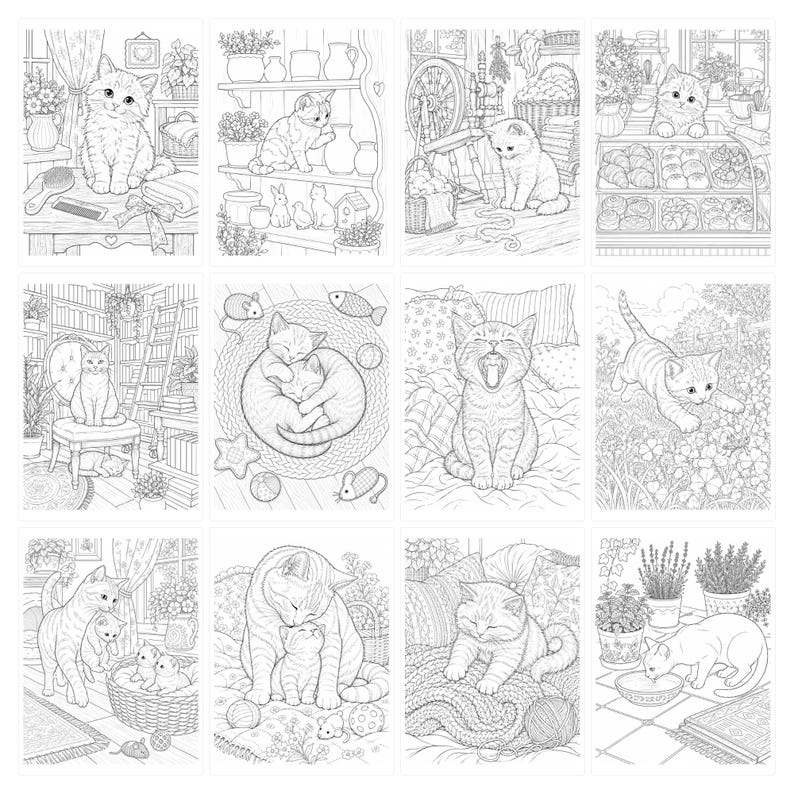 May include: A collection of twelve black and white line art illustrations featuring kittens in various settings, including a bakery, a library, a garden, and cozy indoor scenes with yarn, plants, and household objects for coloring activities.