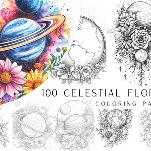 May include: A set of 100 celestial floral coloring pages. The pages feature planets, stars, and flowers in a variety of styles. The pages are perfect for adults and children who enjoy coloring.