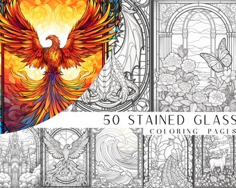 50 Stained Glass Coloring Pages - Adult Coloring Pages, Grayscale Coloring Page, Instant Download, Printable PDF File