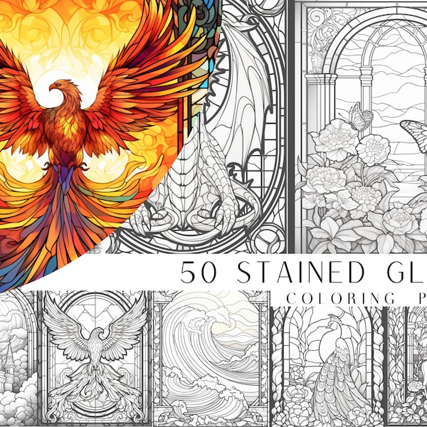 50 Stained Glass Coloring Pages - Adult Coloring Pages, Grayscale Coloring Page, Instant Download, Printable PDF File