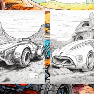 May include: Two black and white line drawings of futuristic cars in a desert landscape. The car on the left is a sleek, low-slung roadster with a large front grille and a high-mounted spoiler. The car on the right is a more rounded, coupe-like vehicle with a large, curved windshield.