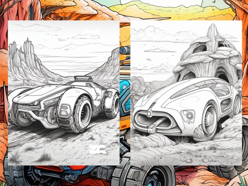 May include: Two black and white line drawings of futuristic cars in a desert landscape. The car on the left is a sleek, low-slung roadster with a large front grille and a high-mounted spoiler. The car on the right is a more rounded, coupe-like vehicle with a large, curved windshield.