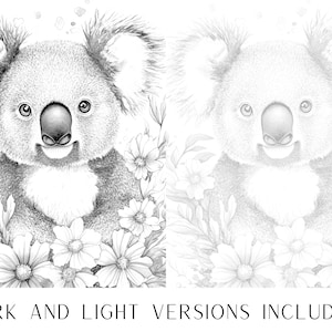 May include: A black and white pencil drawing of a koala bear surrounded by flowers. The koala is looking directly at the viewer with a friendly expression. The drawing is in a realistic style and includes details such as the koala's fur, the flowers' petals, and the leaves of the plants.