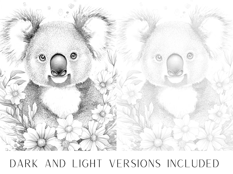 May include: A black and white pencil drawing of a koala bear surrounded by flowers. The koala is looking directly at the viewer with a friendly expression. The drawing is in a realistic style and includes details such as the koala's fur, the flowers' petals, and the leaves of the plants.