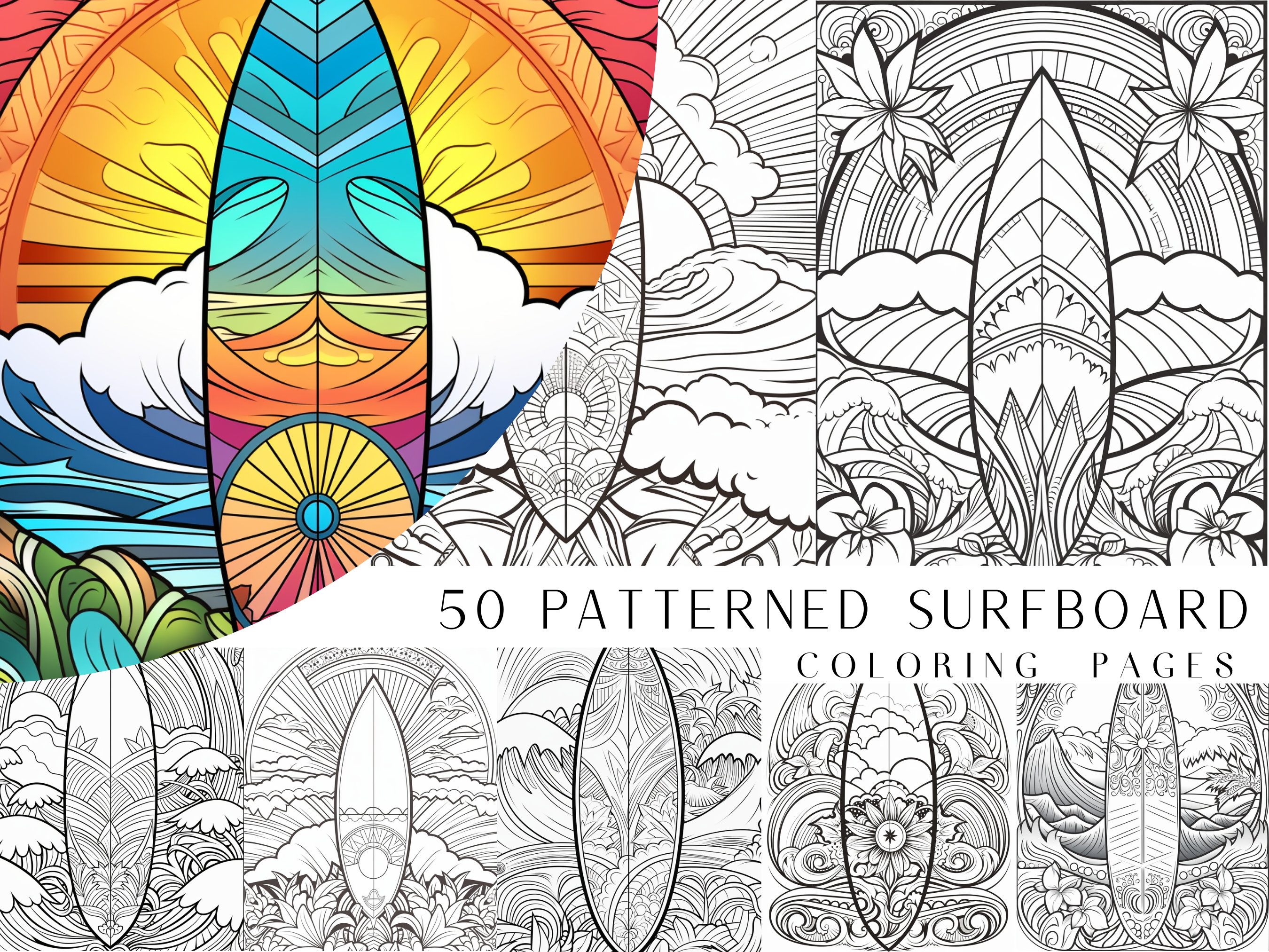 50 Patterned Surfboard Coloring Pages - Adults and Kids