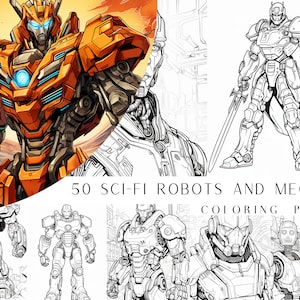 50 Sci-Fi Roboter und Mechas Malseiten - Malbuch für Kinder und Erwachsene, Graustufen, Sci-Fi Färbung, sofortiger Download, druckbare PDF-Datei