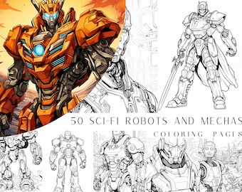 50 Sci-fi Robots And Mechas Coloring Pages - Kids And Adult Coloring Book, Grayscale, Sci-Fi Coloring, Instant Download, Printable PDF File