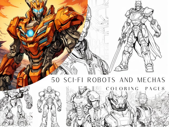 50 Sci-fi Robots And Mechas Coloring Pages - Kids And Adult Coloring Book, Grayscale, Sci-Fi Coloring, Instant Download, Printable PDF File