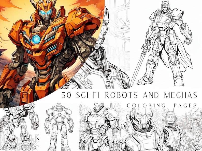 May include: A coloring book featuring 50 sci-fi robots and mechas. The cover shows a detailed illustration of a large, orange robot with a blue glowing chest.