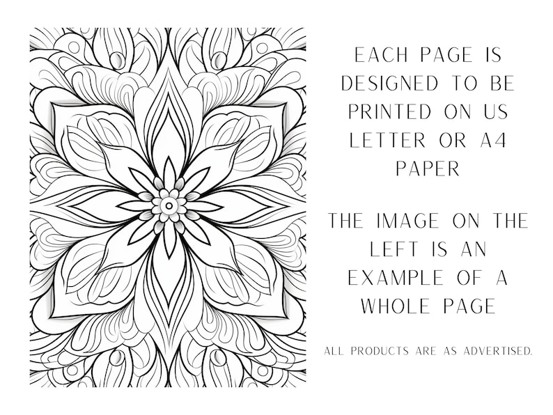 May include: A black and white intricate mandala design with a floral pattern. Each page is designed to be printed on US letter or A4 paper. The image on the left is an example of a whole page. All products are as advertised.