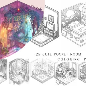 Peut inclure: 25 pages à colorier de jolies chambres miniatures. Un ensemble de pages à colorier représentant différentes pièces avec des thèmes variés, dont une chambre avec un chat, une bibliothèque, un bureau et une pièce remplie de plantes. Chaque pièce est représentée en perspective isométrique, ce qui leur donne un aspect tridimensionnel.