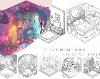 25 Cute Pocket Room Coloring Pages - Adults And Kids Coloring Book, Digital Coloring Sheets, Instant Download, Printable PDF File.