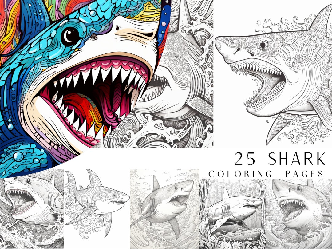 25 Shark Coloring Pages - Adult and Kids Coloring Book, Ocean Coloring ...