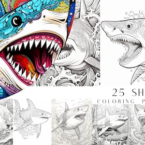 25 Shark Coloring Pages - Adult And Kids Coloring Book, Ocean Coloring Sheets, Instant Download, Printable PDF File.