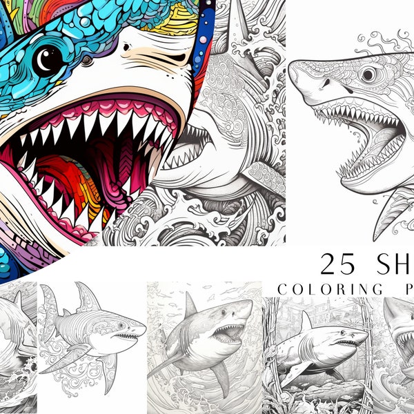 25 Shark Coloring Pages - Adult And Kids Coloring Book, Ocean Coloring Sheets, Instant Download, Printable PDF File.