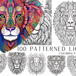 100 Patterned Lion Coloring Pages - Adults And Kids Coloring Book, Greyscale, Digital Coloring Sheets, Instant Download, Printable PDF File.