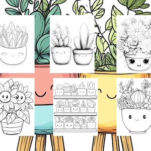 May include: Black and white line art illustration of potted plants with cute faces. The illustration includes a variety of plants, including succulents, cacti, and flowers. The plants are all in different pots, some with shelves and some with single pots.