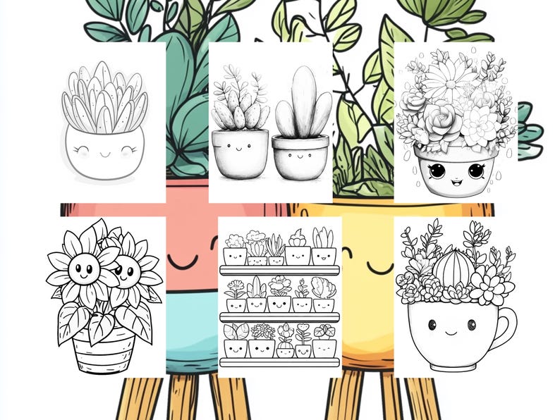 May include: Black and white line art illustration of potted plants with cute faces. The illustration includes a variety of plants, including succulents, cacti, and flowers. The plants are all in different pots, some with shelves and some with single pots.