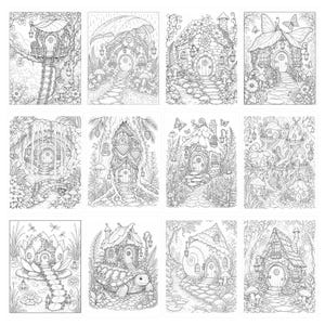 May include: A collection of twelve black and white line art illustrations featuring various fantasy dwellings, including treehouses, stone cottages, mushroom-shaped homes, and houses built on a turtle shell, all surrounded by detailed nature elements.