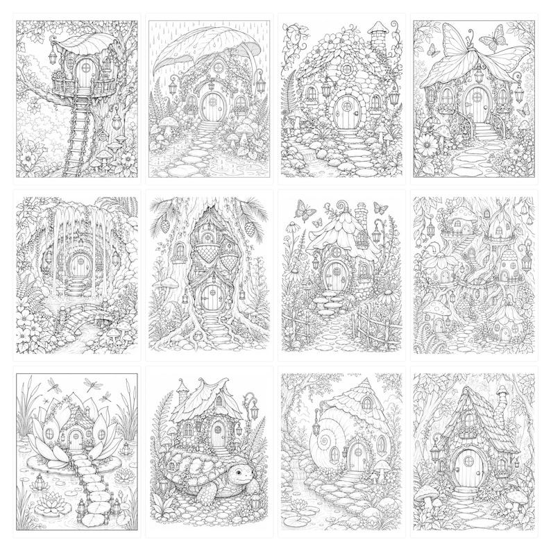 May include: A collection of twelve black and white line art illustrations featuring various fantasy dwellings, including treehouses, stone cottages, mushroom-shaped homes, and houses built on a turtle shell, all surrounded by detailed nature elements.