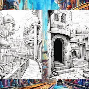 May include: A black and white line drawing of a futuristic city with domed buildings and a winding pathway. The drawing is divided into two sections, one showing a wider view of the city and the other showing a closer view of a narrow street.