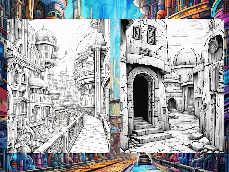 May include: A black and white line drawing of a futuristic city with domed buildings and a winding pathway. The drawing is divided into two sections, one showing a wider view of the city and the other showing a closer view of a narrow street.