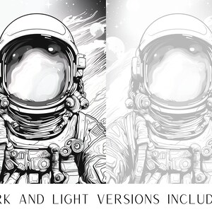 Pode incluir: Uma ilustra&ccedil;&atilde;o em preto e branco de um astronauta com um traje espacial e um capacete. O astronauta est&aacute; em frente a um fundo de estrelas e planetas.
